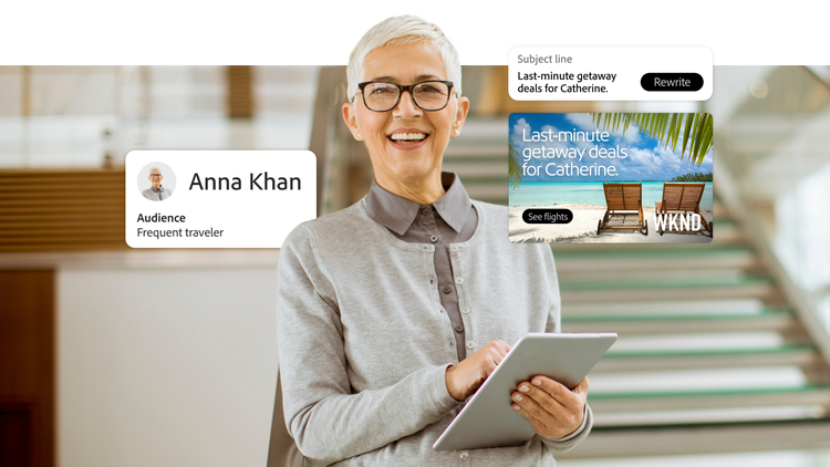 A marketer reviews a frequent traveler profile and personalizes a vacation offer by refining the subject line and email content.