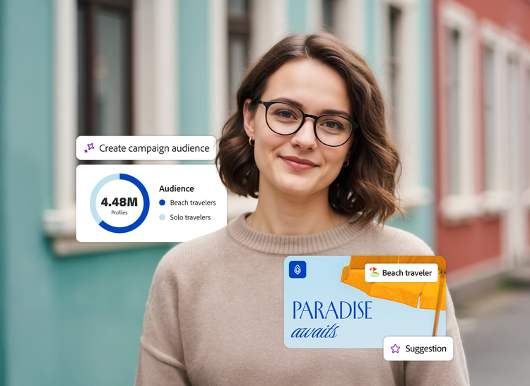 A woman in glasses alongside overlaid dashboard UI visuals of an audience-creation widget and a tailored content suggestion.
