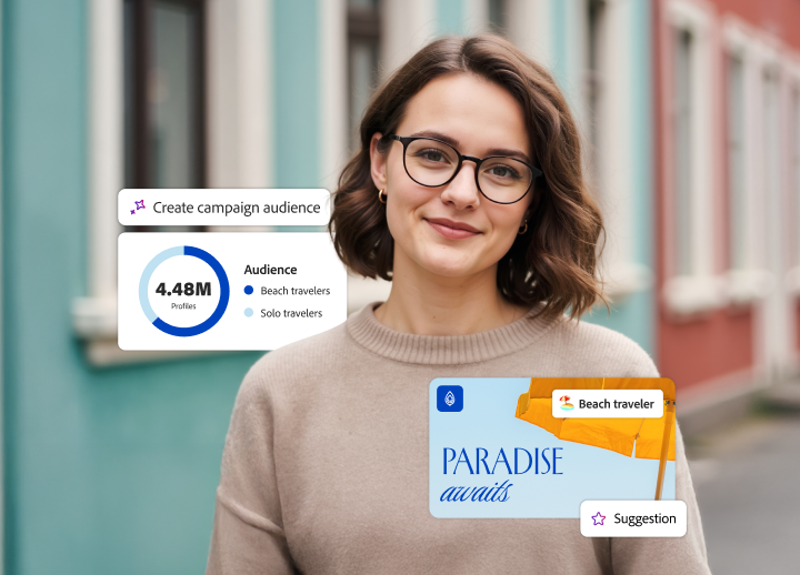 A woman in glasses alongside overlaid dashboard UI visuals of an audience-creation widget and a tailored content suggestion.