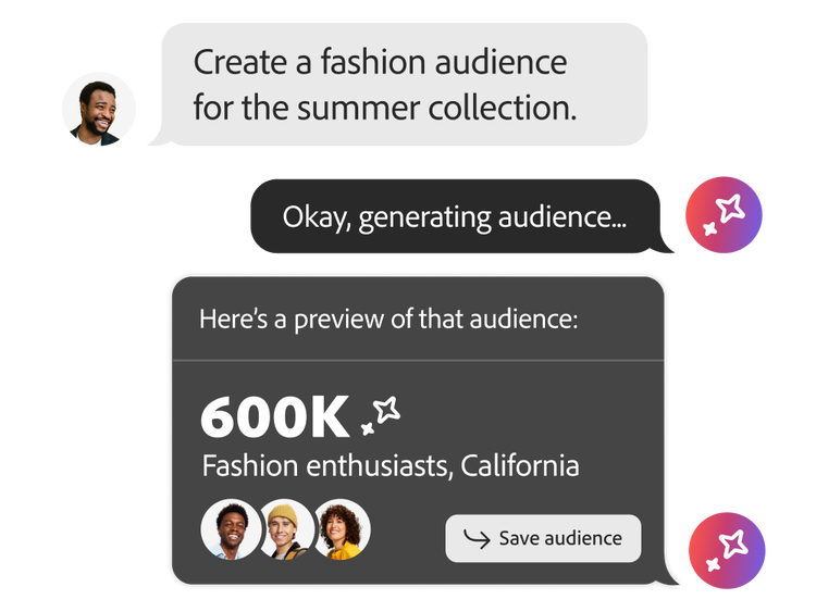 AI assistant responding to an audience-creation request, generating a preview of 600k fashion enthusiasts in a given area.