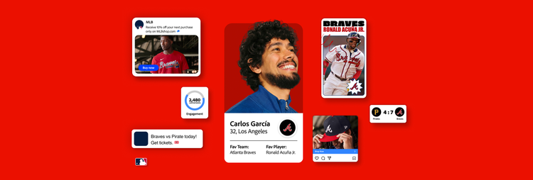 Animation depicting Adobe helping MLB customize fan experiences with personalized content.