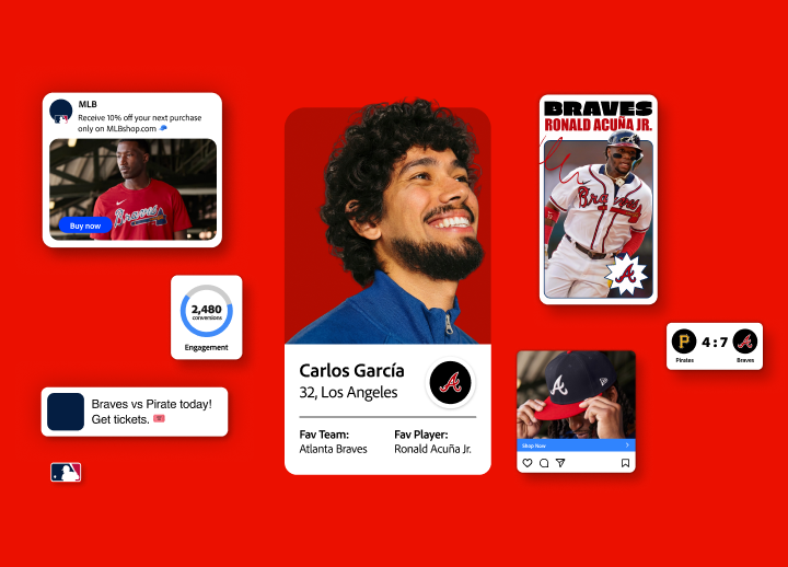 Animation depicting Adobe helping MLB customize fan experiences with personalized content.