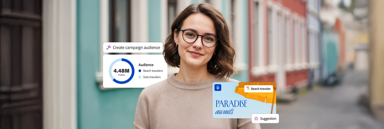 A woman in glasses alongside overlaid dashboard UI visuals of an audience-creation widget and a tailored content suggestion.