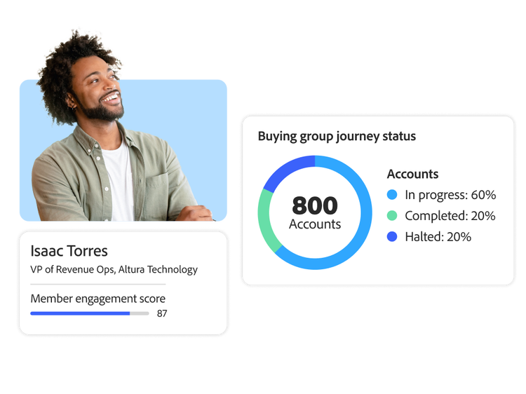 Buying group account status percentages that add up to a member engagement score out of 100.