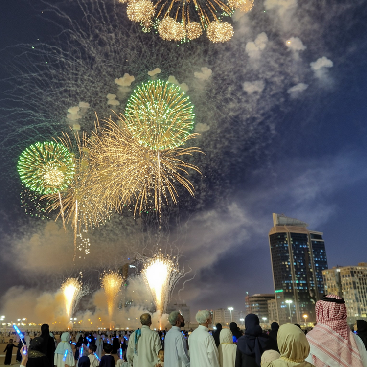 Saudis looking at fireworks in the sky.