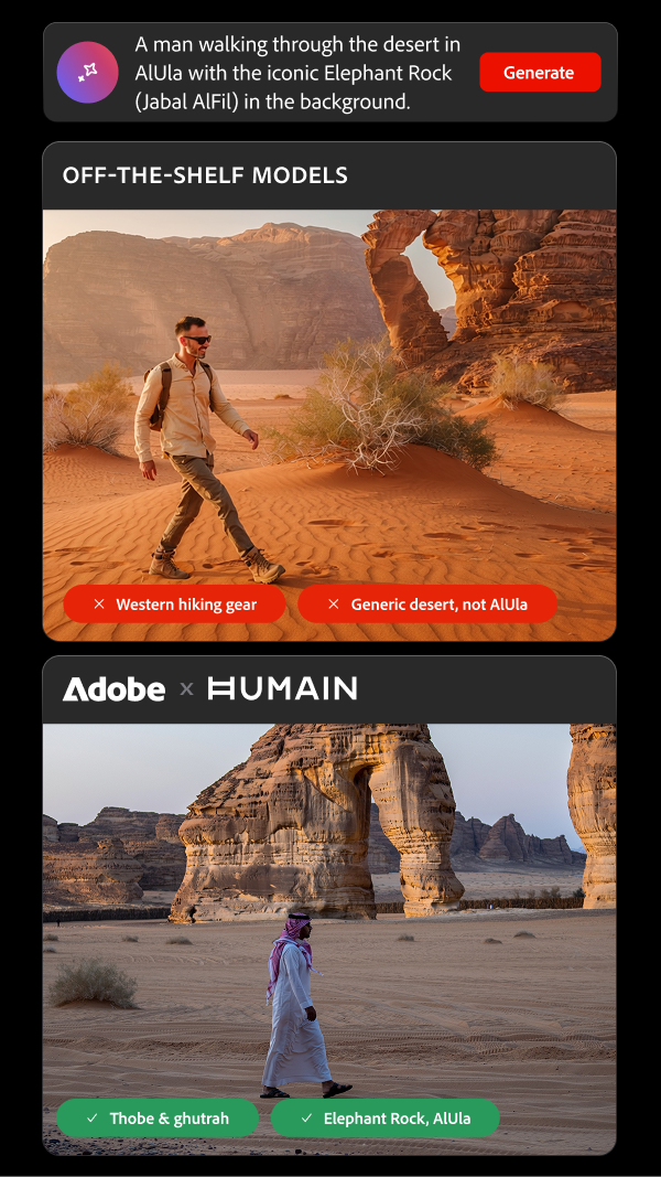 A man walking through the desert in AlUla with the iconic Elephant Rock (Jabal AlFil) in the background.