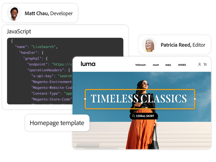Developer updating a website using JavaScript while a marketer uses the visual editor