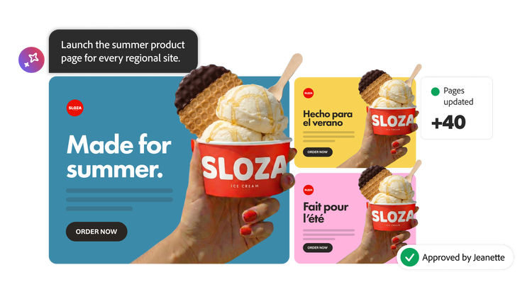 Summer promotion displayed across localized web pages with approval status and updates across 40 pages.