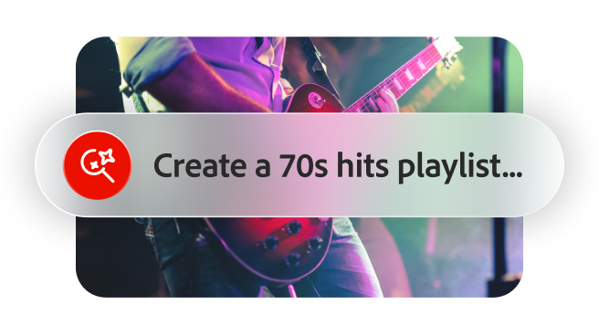 Chat mockup showing the message “Create a 70s hits playlist…”