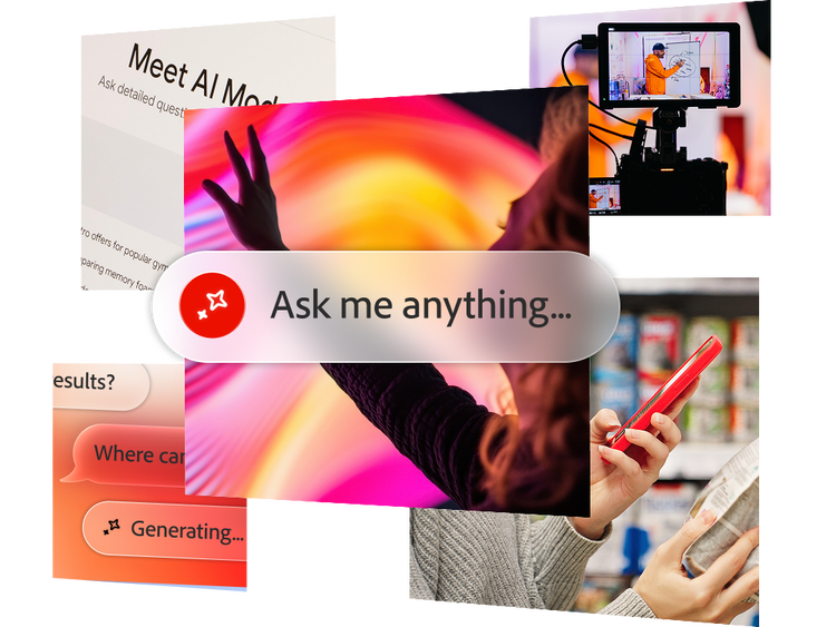 Media and entertainment imagery with an AI callout that reads “Ask me anything…”