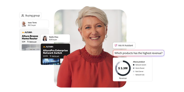 Woman in red top alongside visuals of cards showing business insights and analytics.