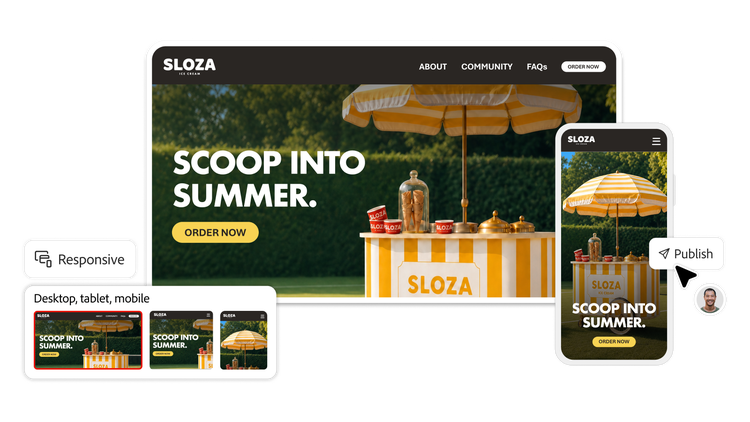 Website publishing workflow with responsive previews optimized for desktop, tablet, and mobile screens.