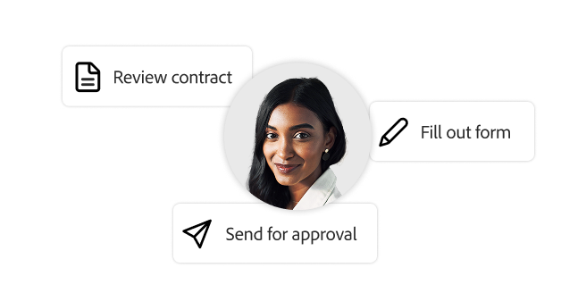 Customer photo with task icons for "Review contract," "Fill out form," and "Send for approval."