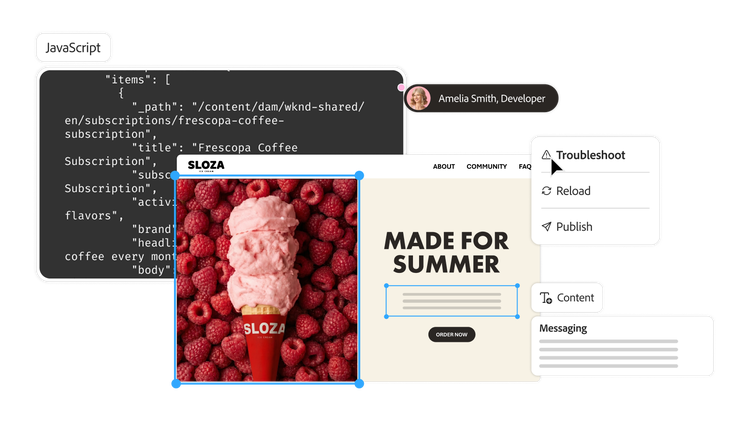Content management dashboard linking structured content to page layout, messaging, and publishing workflows.