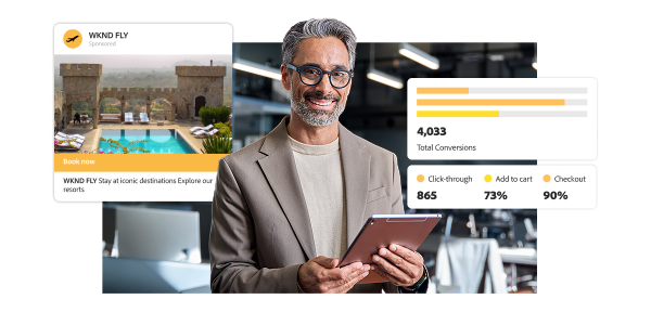 A marketing analyst exploring conversion metrics, including click-through rate for an ad, shown via the floating ad creative and dashboards.