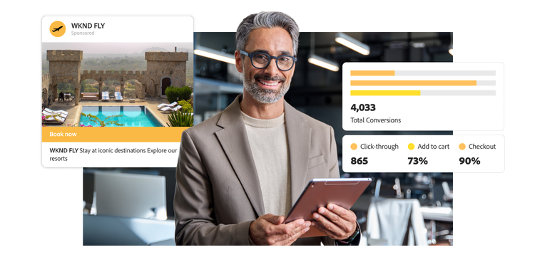 A marketing analyst exploring conversion metrics, including click-through rate for an ad, shown via the floating ad creative and dashboards.