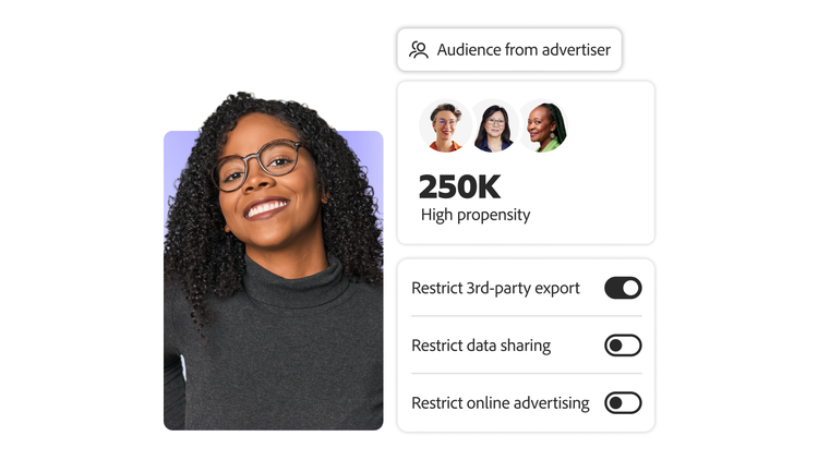 Audience card showing 250K high-propensity users and privacy controls for data sharing and advertising.