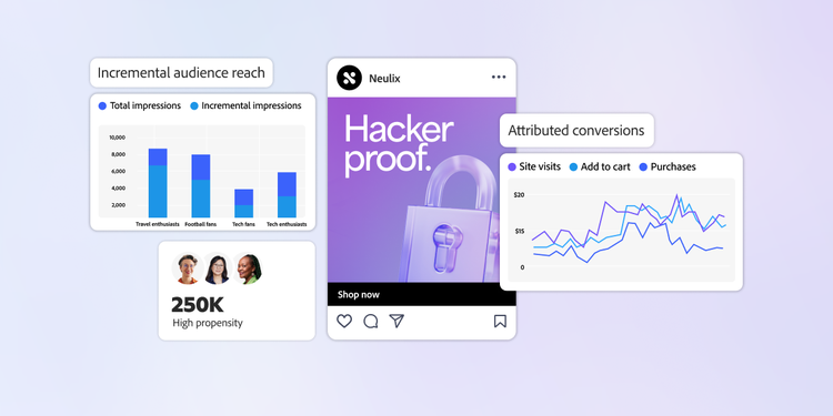 Digital marketing dashboard with an audience reach bar chart, conversions line graph, and high propensity segment.