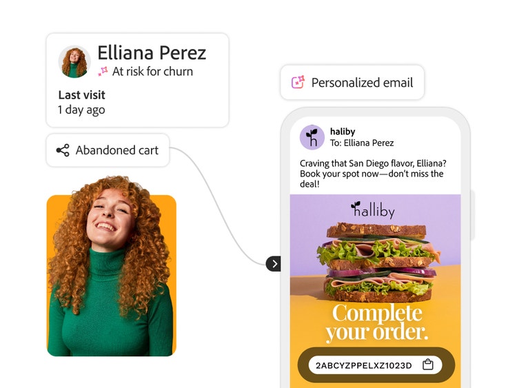 Personalized email reminder sent to customer Elliana Perez after cart abandonment, highlighting risk of churn and prompting her to complete her order.
