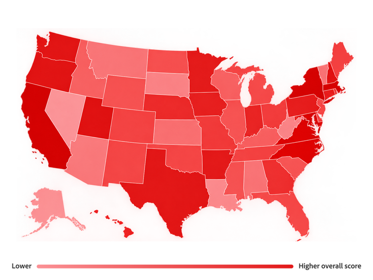 U.S. map of 2026 DGI scores by state, with darker red indicating higher scores and lighter red indicating lower scores.