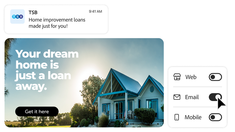 TSB loan message and home loan ad shown with channel toggles for mobile.