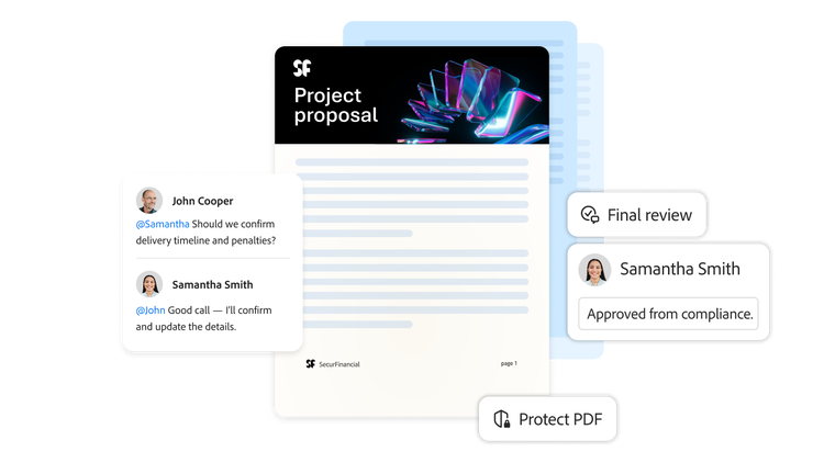 Project proposal with comments, final review approval, and PDF protection controls shown.