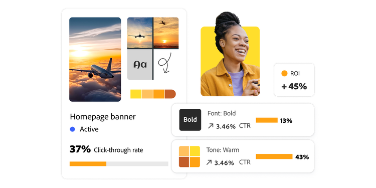 Dashboard showing homepage banner results with bold font and warm image tone driving higher click‑through and ROI.