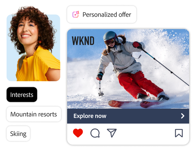 Personalized offer featuring a skier and interest tags for mountain resorts and skiing.