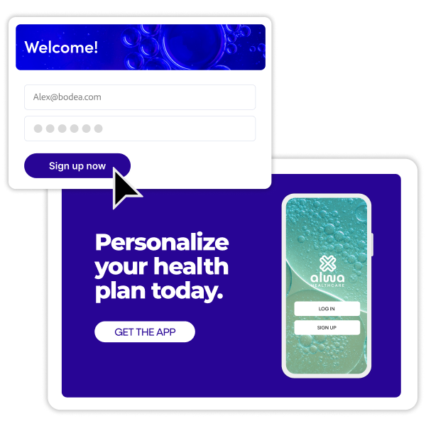Healthcare app signup and welcome screens prompting patients to personalize their health plan.