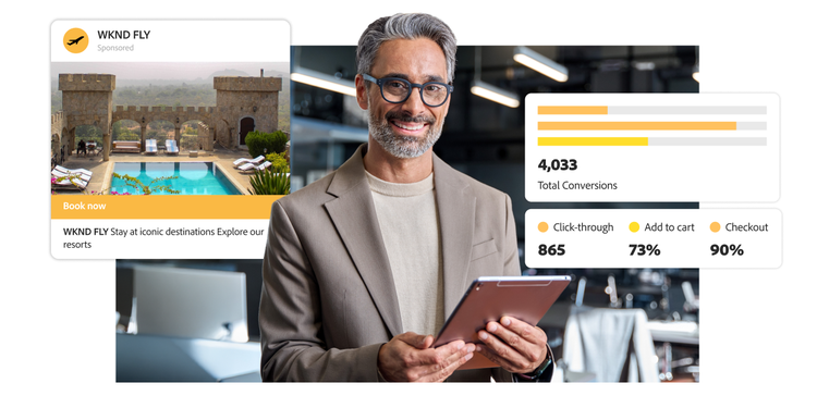 A marketing analyst exploring conversion metrics, including click-through rate for an ad, shown via the floating ad creative and dashboards.