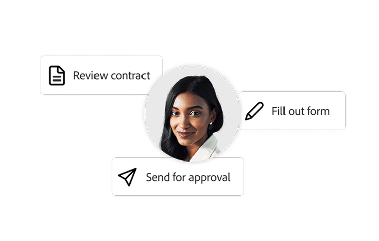 Photo of woman with text boxes that read “Review contract,” “Fill out form,” “Send for approval.”