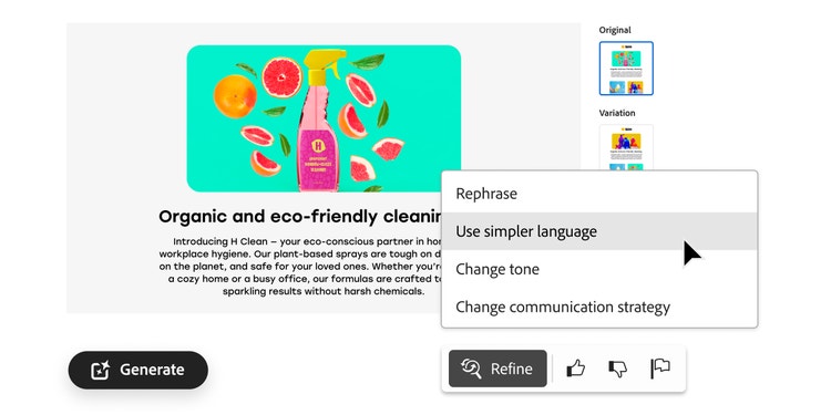 Email content editor interface displaying an eco-friendly cleaning product with a pop-up menu selecting