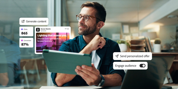 A marketer reviews ad campaign metrics like clicks, leads, and open rate on a digital interface.