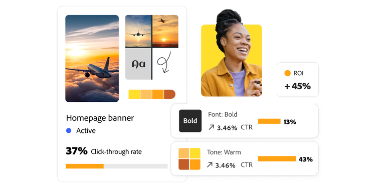 Dashboard showing homepage banner results with bold font and warm image tone driving higher click‑through and ROI.