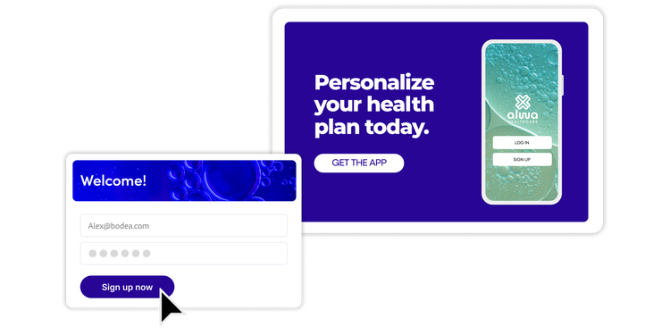 Healthcare app signup and welcome screens prompting patients to personalize their health plan.