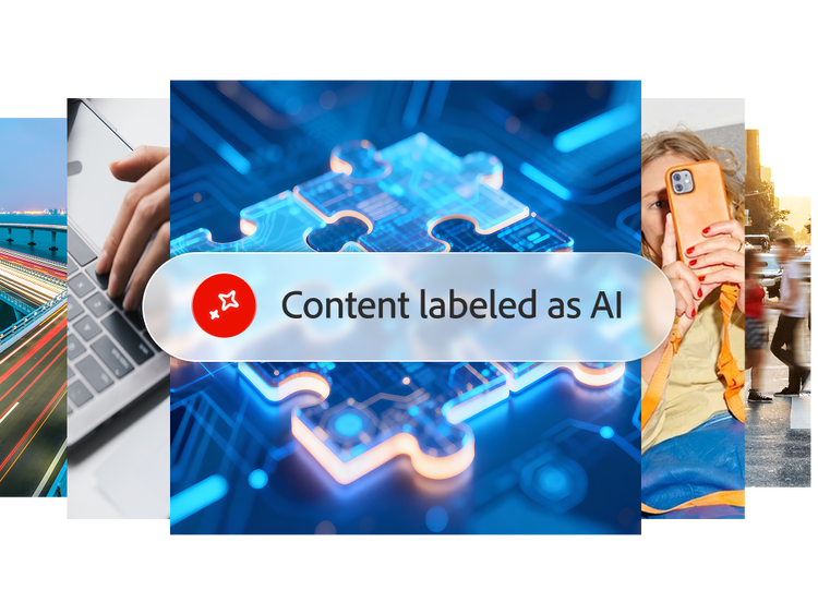 Media and entertainment imagery with an AI callout that reads “Content labeled as AI.”