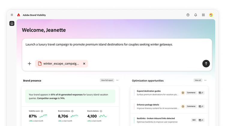 Dashboard showing AI brand visibility metrics, campaign creation, and recommendations to improve search presence.