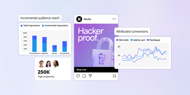 Digital marketing dashboard with an audience reach bar chart, conversions line graph, and high propensity segment.
