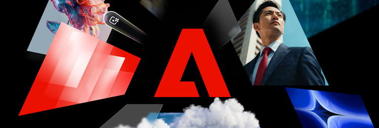 The red Adobe logo on a black background, with floating icons representing responsible AI parameters.