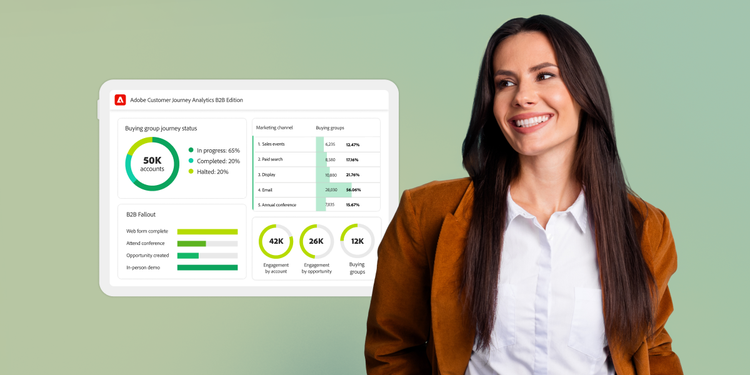 Professional standing beside a digital dashboard showing customer journey analytics and performance metrics.