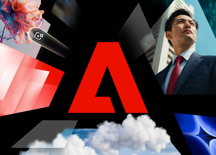 The red Adobe logo on a black background, with floating icons representing responsible AI parameters.