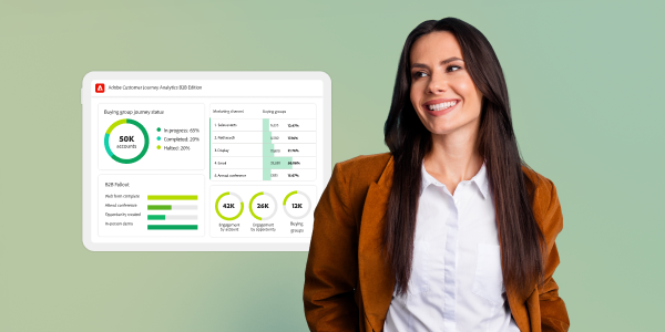 Professional standing beside a digital dashboard showing customer journey analytics and performance metrics.