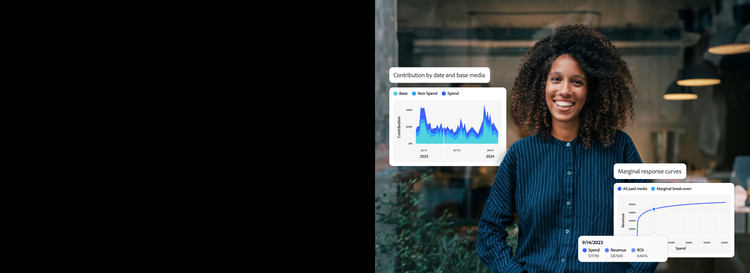 https://main--bacom--adobecom.hlx.live/assets/videos/products/mix-modeler/media_1d1ae451f8acbbd6b87a441e79d05fd40ad4dc258.mp4#_autoplay | Marketer with charts of media channel contribution and marginal response curve