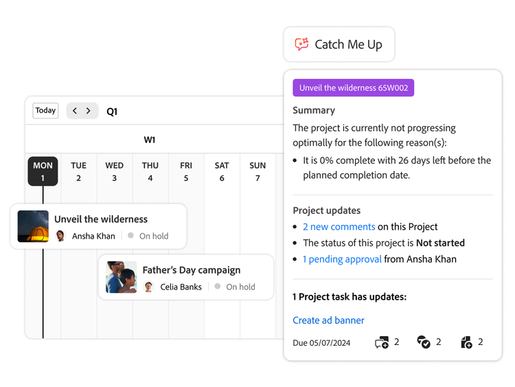 An AI project status summary and a weekly campaign dashboard view