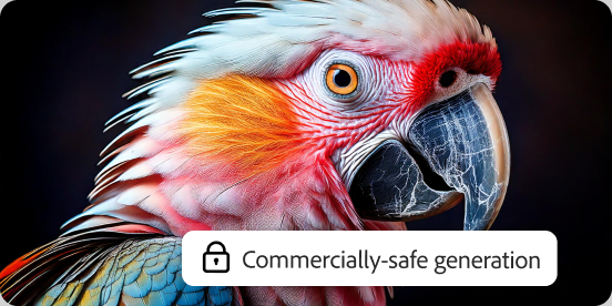 A multicolored parrot with a label indicating the image is commercially safe.