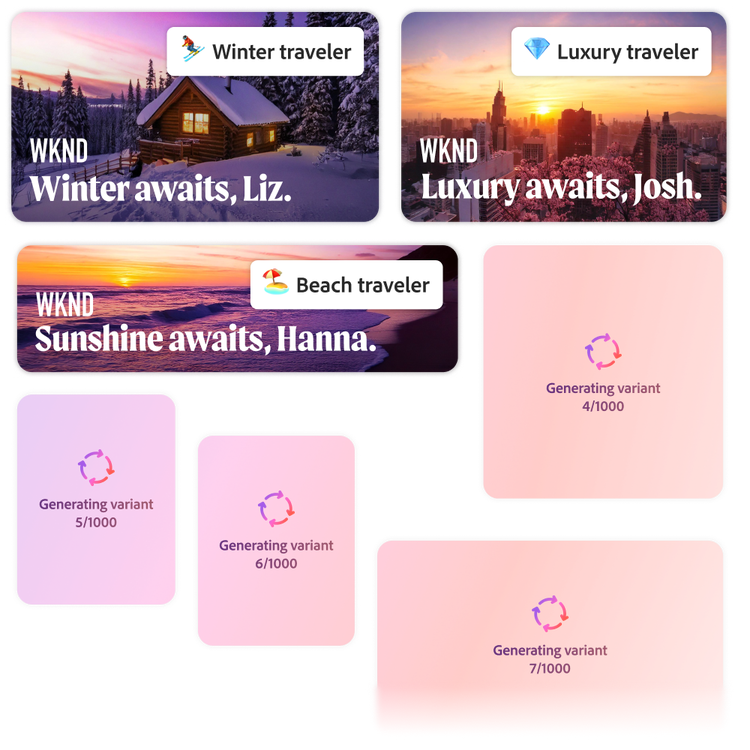 Three versions of a personalized ad designed for winter travelers, luxury travelers, and beach travelers, alongside indicators that more variants are being generated.