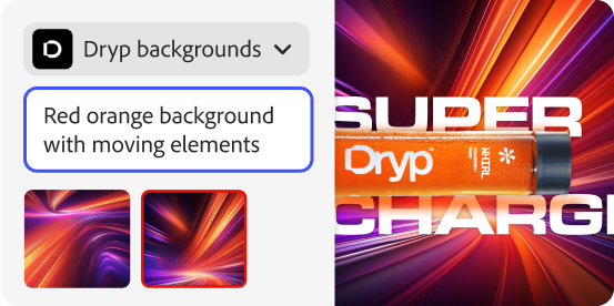 Three backgrounds generated with a prompt specifying a red orange background with moving elements, alongside the product image that uses this background.