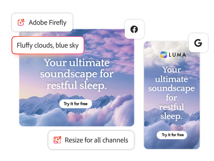 Two versions of a sleep ad sized for Facebook and Google, each with an AI-created variation of a blue sky with fluffy clouds.