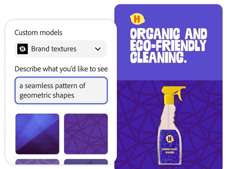 Adobe Express user interface showing the creation of an ad for a cleaning supply company using AI-generated custom models.