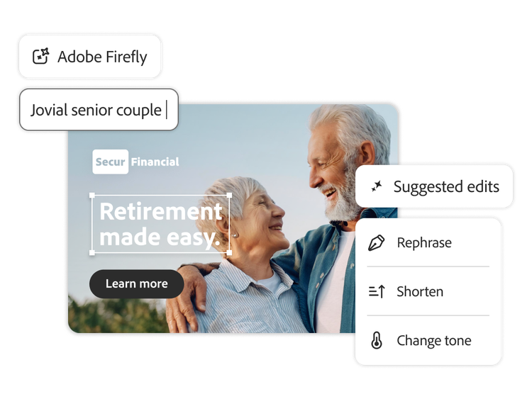 Generativ AI i Adobe Firefly rekommenderar textförbättringar för en annons om pension.